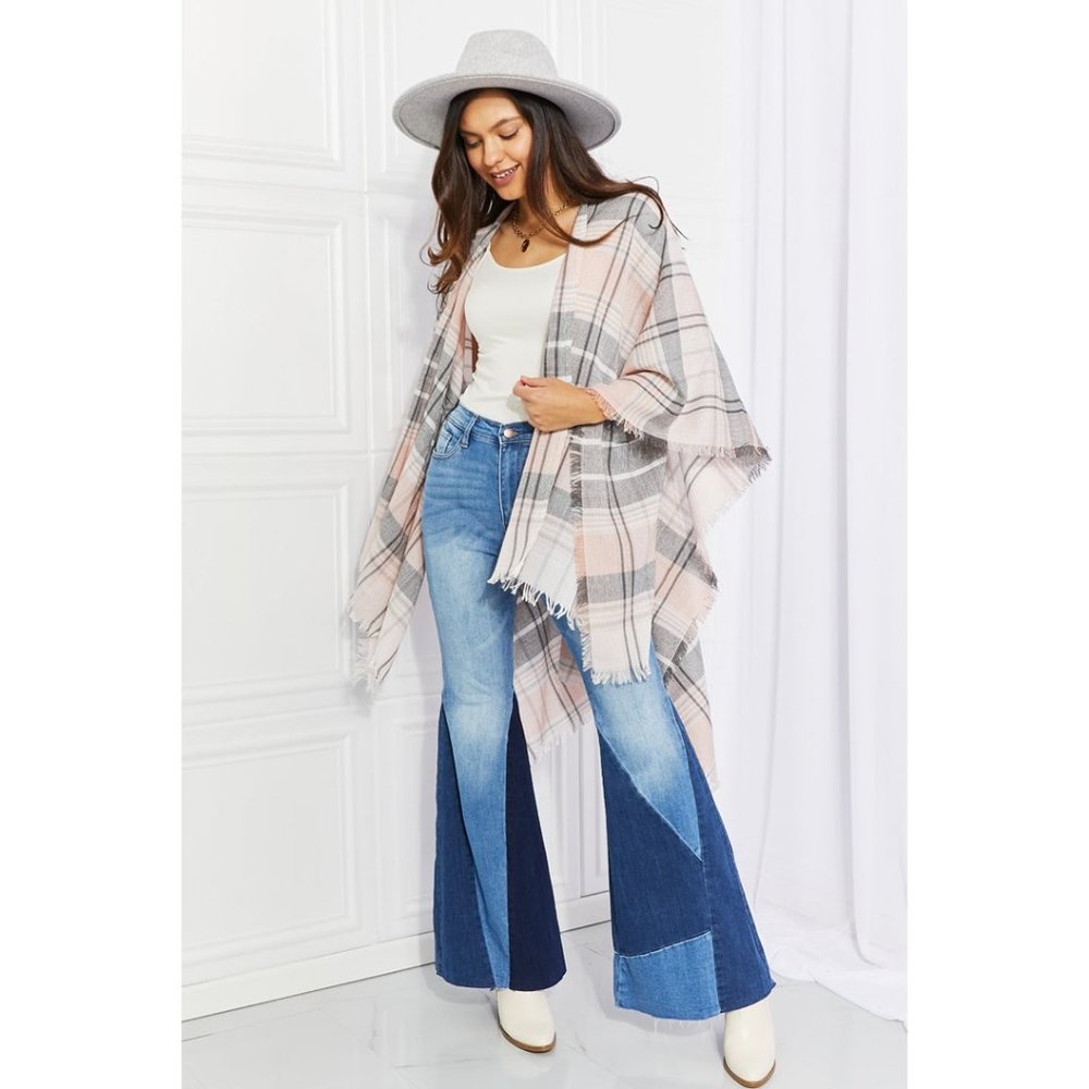 Plaid Lightweight Poncho Long Open Front Cloak Sleeves Fringe Casual Classy